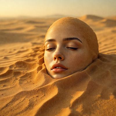 The primary subject of the image is a woman with a bald head, lying in the sand. The setting is a desert environment, with sand covering the ground. The visual style is a photo, capturing the woman's unique appearance and the natural surroundings. The colors and mood of the image are predominantly warm and earthy, reflecting the desert landscape.